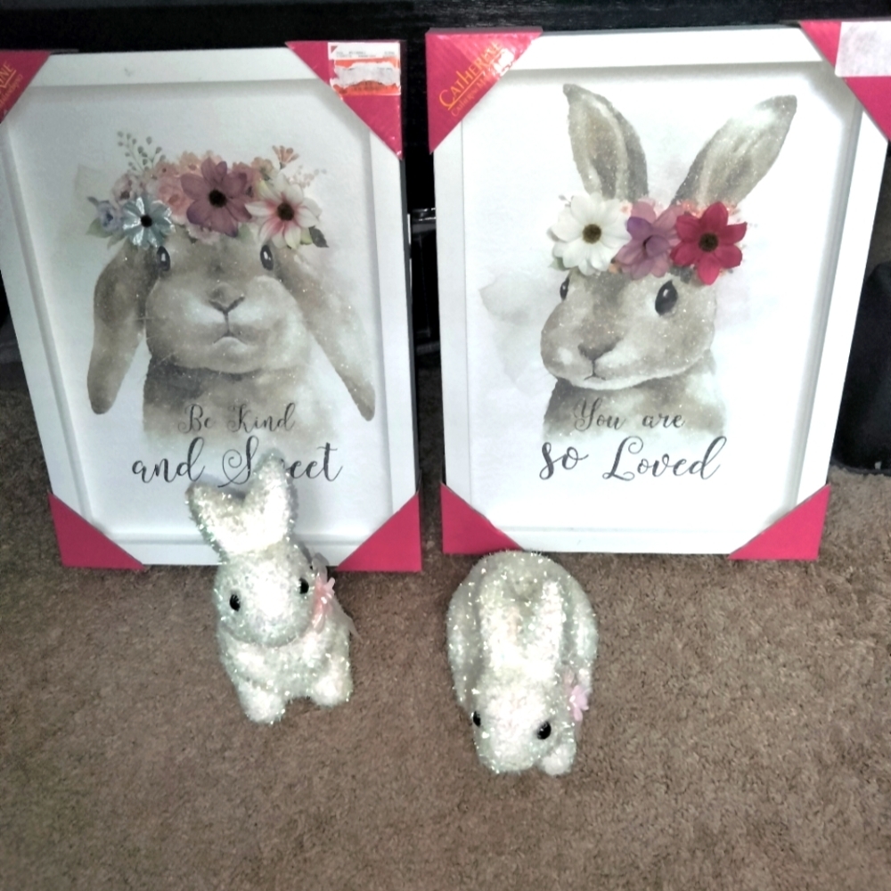 Catherine Malandrino (Lot of 4) Floral Bunny Wall Art Home Decor Set (NEW-NWT)